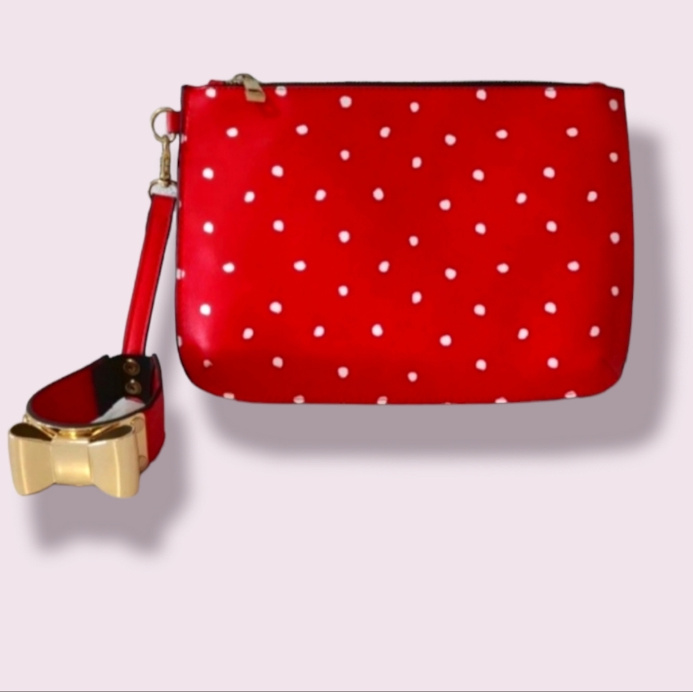 Aldo • Red White Polka Dot Gold Bow Wearable Wristlet Vegan Faux Leather
